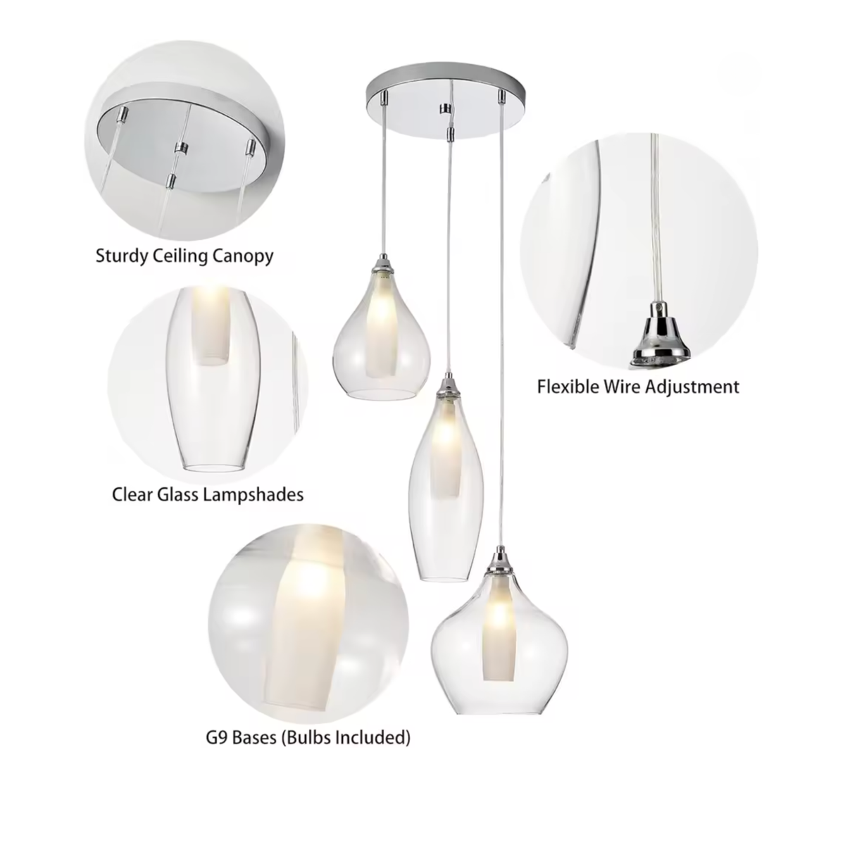 Chrome & Smoked Glass 3-Light Cluster Pendant | G9 LED Included