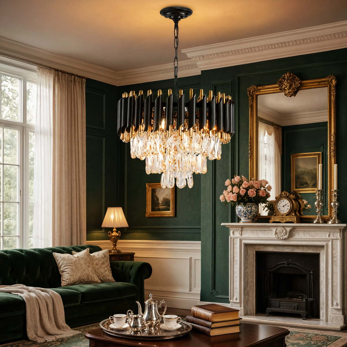 Black & Gold Crystal Chandelier | 3-Tier | E14