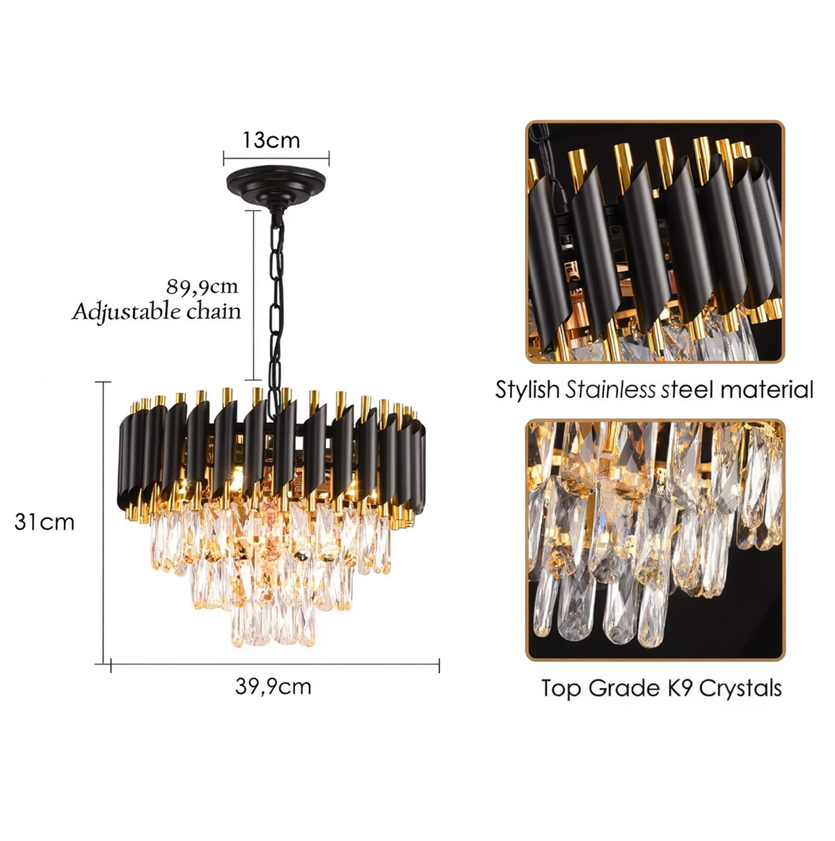 Black & Gold Crystal Chandelier | 3-Tier | E14