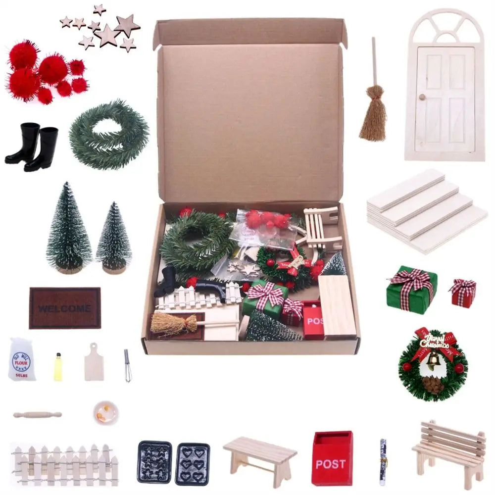 Christmas Accesories String Hat DollHouse Elf Kit Wreath Mini Tree Fairy House Simulation Scene Model Miniature Elf Door