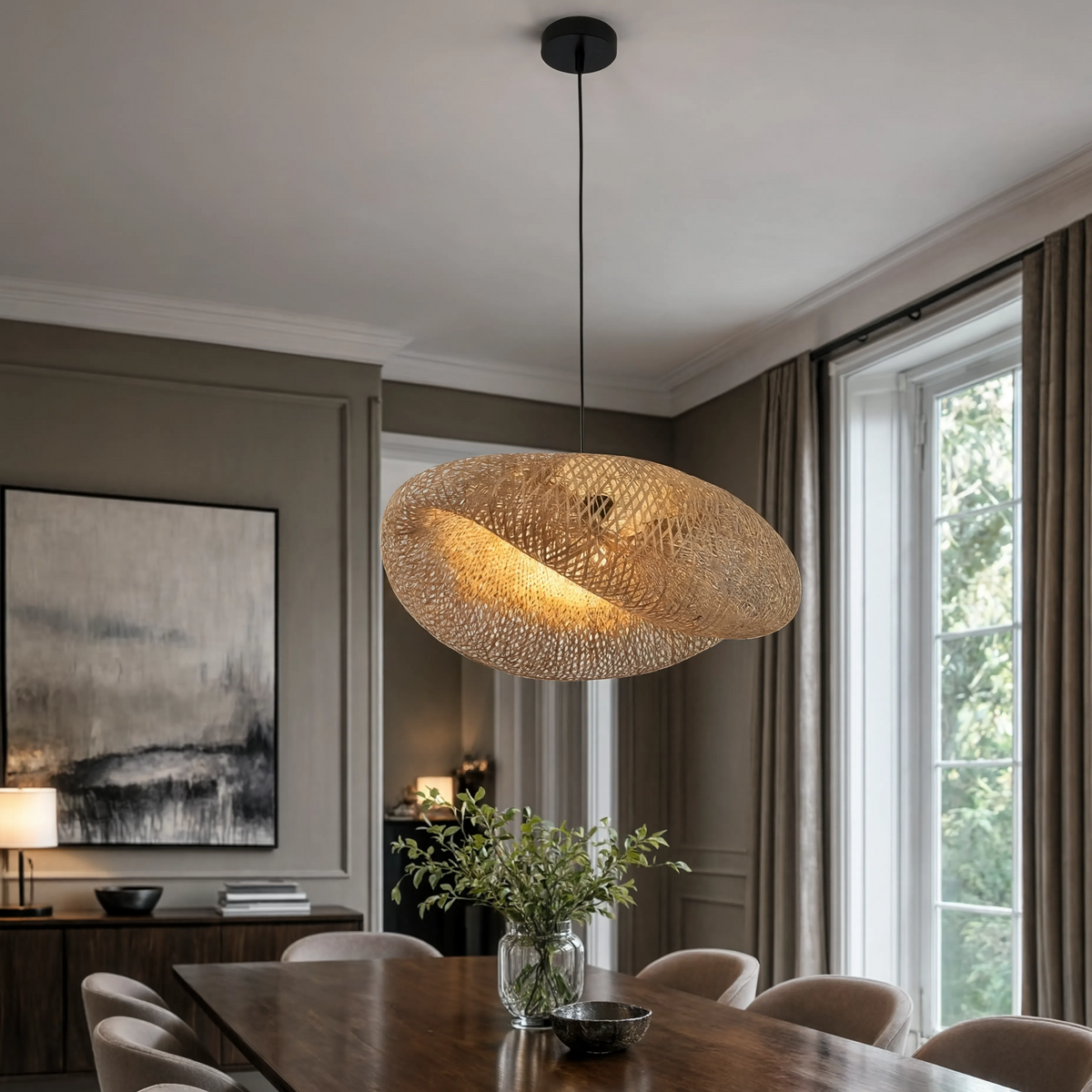 Sculptural Braided Bamboo Pendant Light Black Base | E27 Included