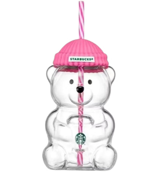 STARBUCKS 2026 Pink Bearista Glass Cold Cup Beanie Bear 20oz