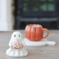 LED Ceramic Ghost - Holding Pumpkin
