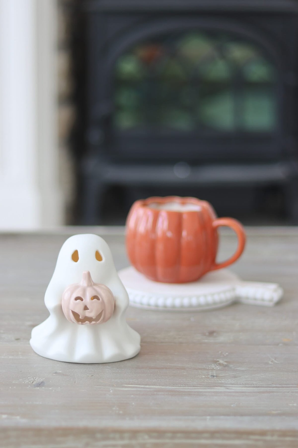 LED Ceramic Ghost - Holding Pumpkin