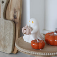 LED Ceramic Ghost - Holding Pumpkin