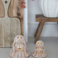 Set of 2 LED Terracotta Ghosts Holding Pumpkins