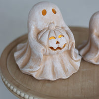 Set of 2 LED Terracotta Ghosts Holding Pumpkins