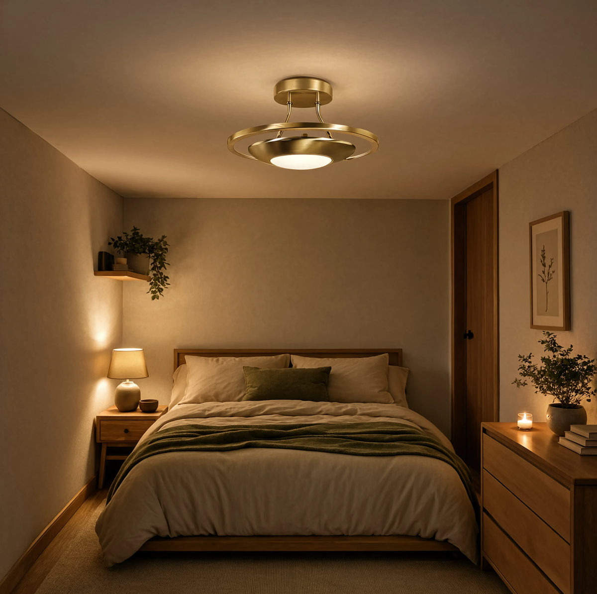 Antique Brass Opal Glass Semi-Flush Ceiling Light | LED
