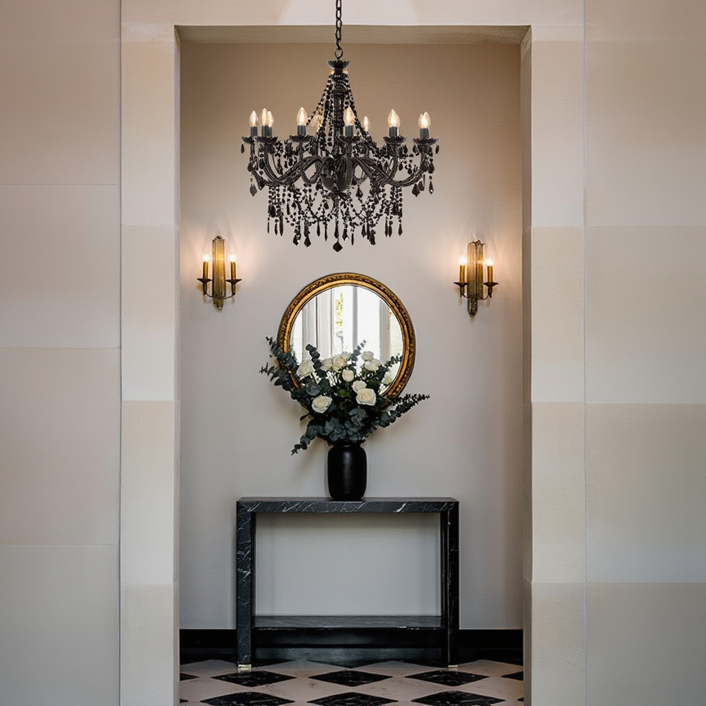 Black Beaded Crystal Chandelier 12-Light | E14 Dimmable