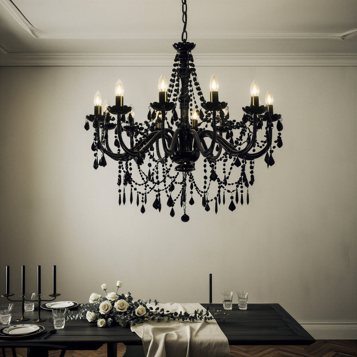 Black Beaded Crystal Chandelier 12-Light | E14 Dimmable