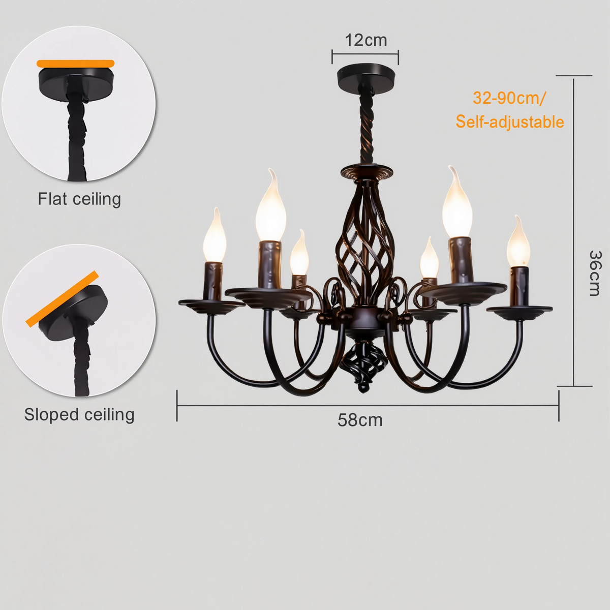 Black Candle Chandelier 6-Light | 58cm | E14 Sockets