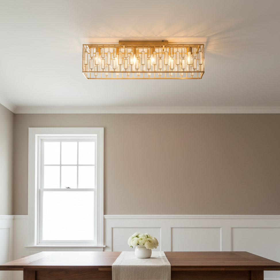 Gold Rectangular K9 Crystal Ceiling Light 98cm | E27