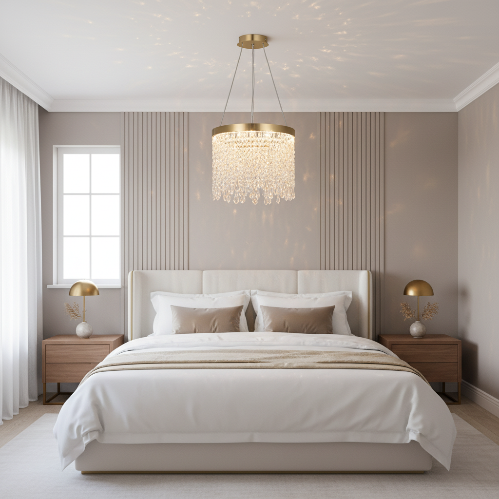 Gold Drum Crystal Chandelier | Hand-Beaded | Integrated LED