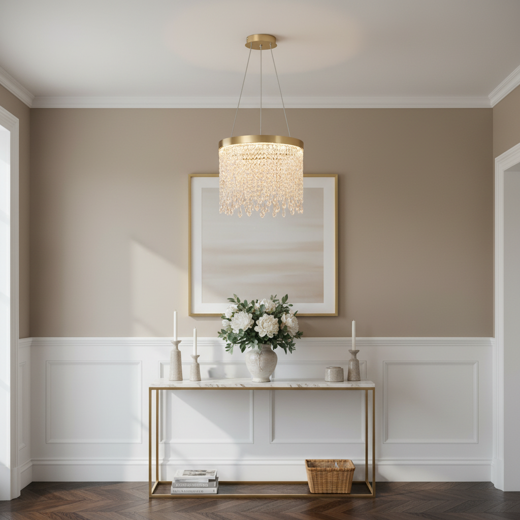 Gold Drum Crystal Chandelier | Hand-Beaded | Integrated LED