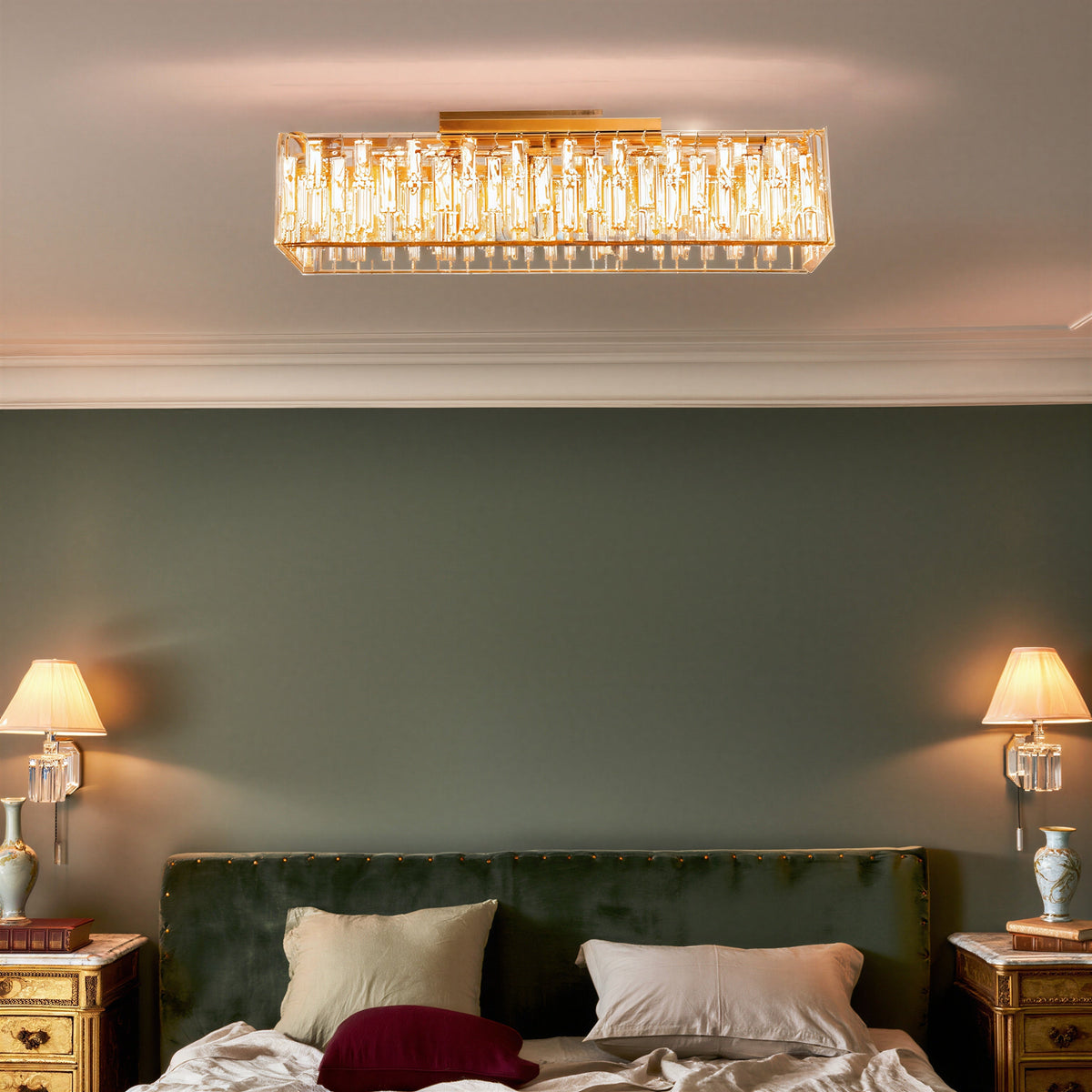 Gold Rectangular K9 Crystal Ceiling Light 98cm | E27