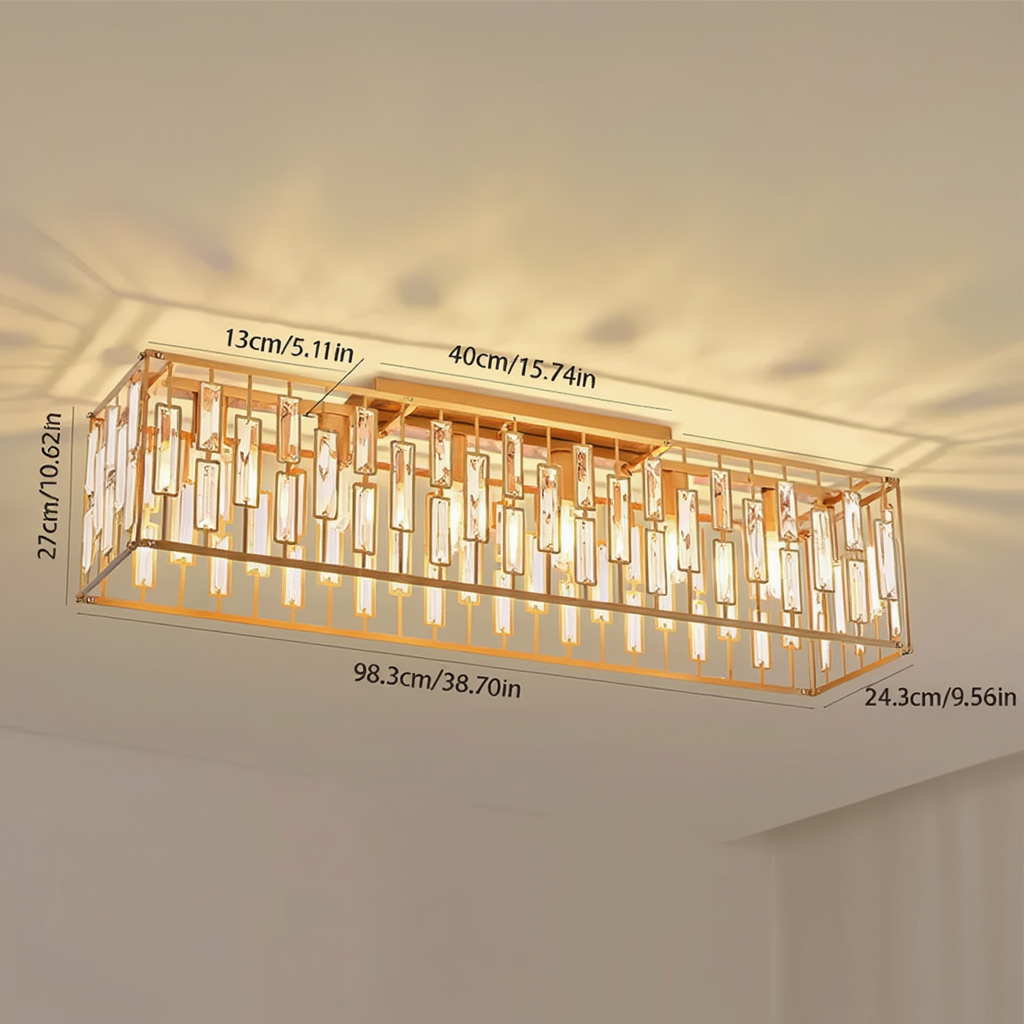 Gold Rectangular K9 Crystal Ceiling Light 98cm | E27