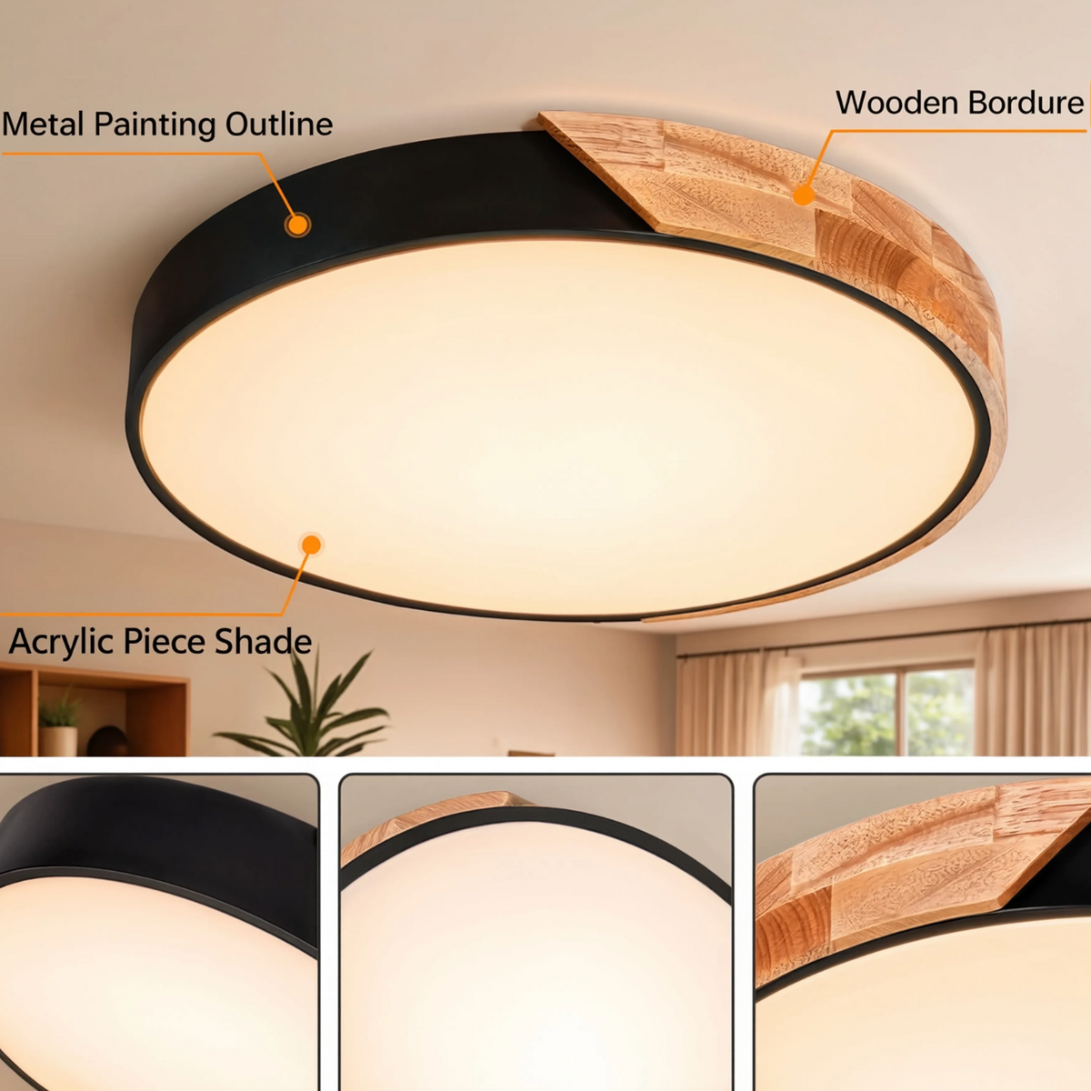 Wood & Acrylic Round LED Ceiling Light | Remote | 3 Settings
