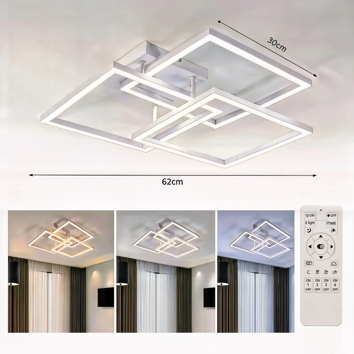 White Layered Square LED Ceiling Light | Dimmable Remote
