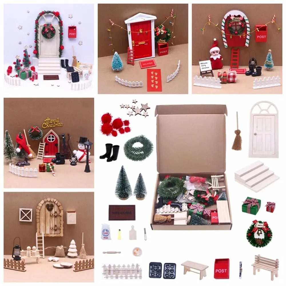 Christmas Accesories String Hat DollHouse Elf Kit Wreath Mini Tree Fairy House Simulation Scene Model Miniature Elf Door