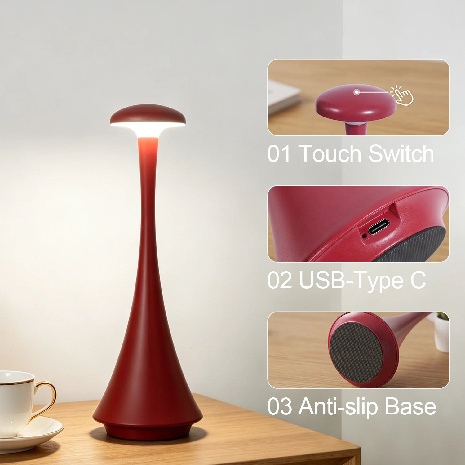 New Arrival Mushroom Table Lamp Rechargeable Wireless Touch Lamp Creative Desk Lamp USB-C Desk Lamp Bedroom Atmosphere Light
