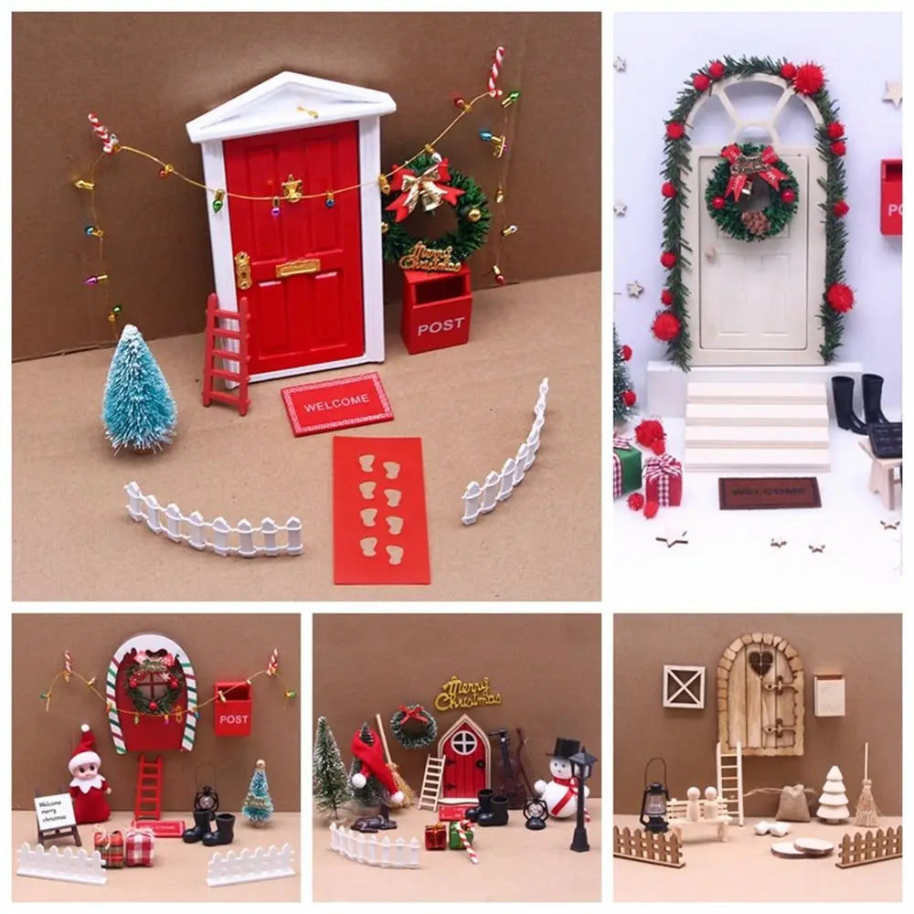 Christmas Accesories String Hat DollHouse Elf Kit Wreath Mini Tree Fairy House Simulation Scene Model Miniature Elf Door