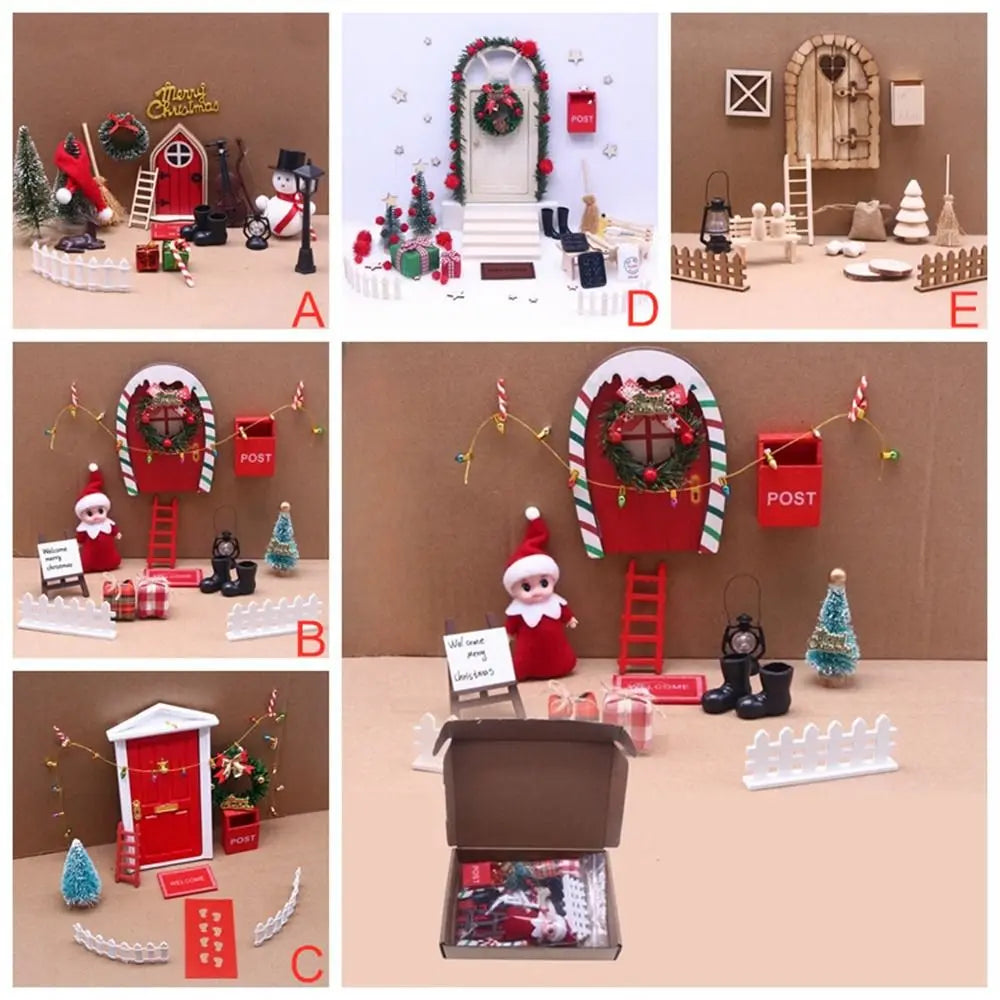 Christmas Accesories String Hat DollHouse Elf Kit Wreath Mini Tree Fairy House Simulation Scene Model Miniature Elf Door