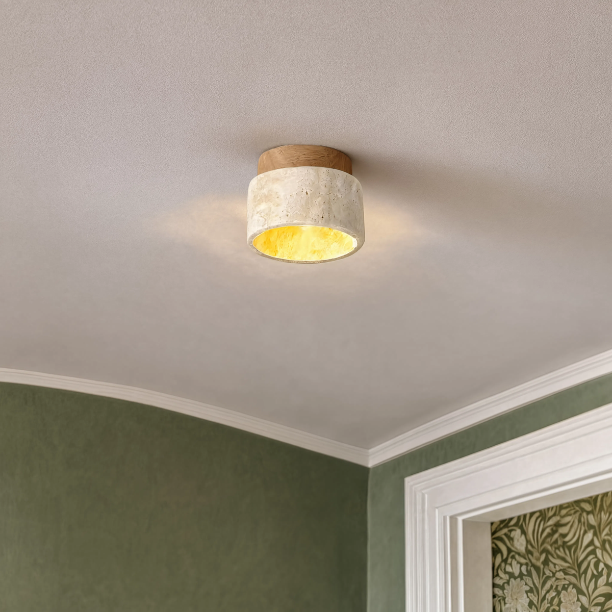Travertine & Wood Round Ceiling Light 12cm | Compact