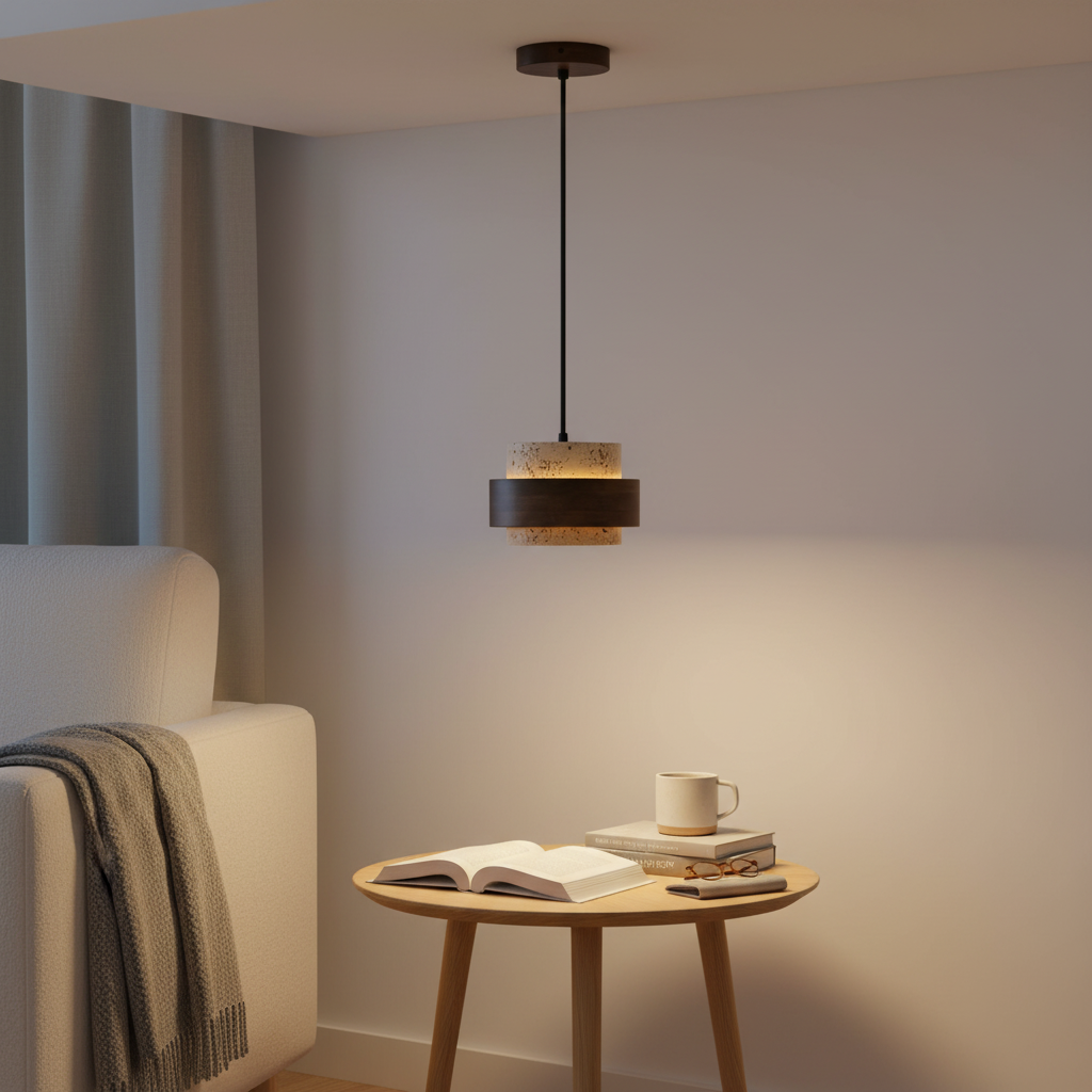 Travertine & Walnut Pendant Light | GX53 LED Included
