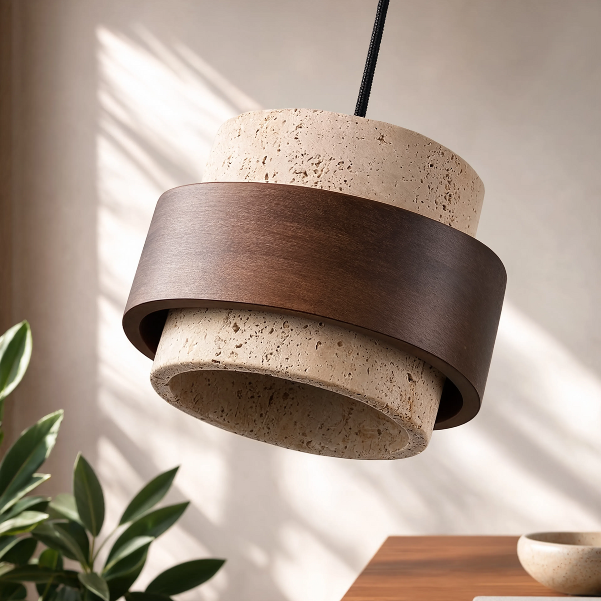 Travertine & Walnut Pendant Light | GX53 LED Included