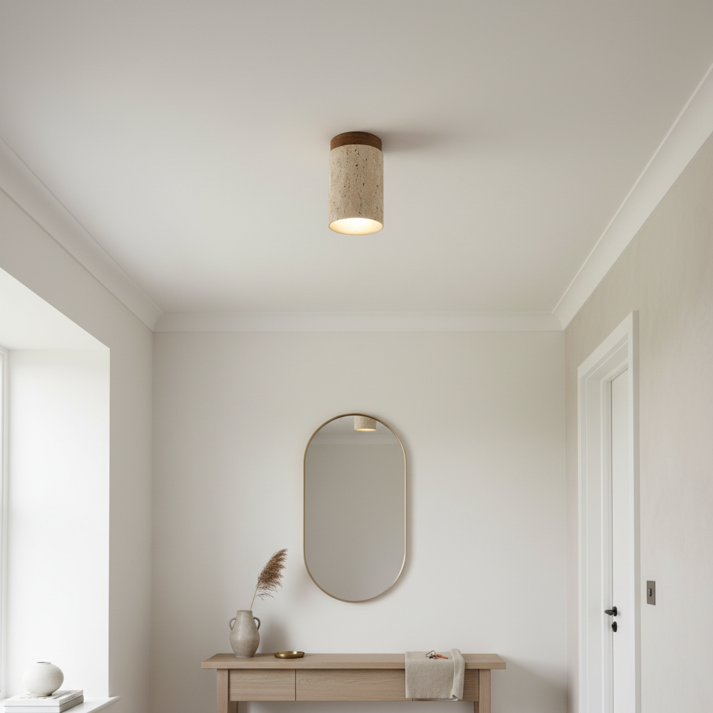 Travertine & Walnut Round Ceiling Light | E27 LED Included