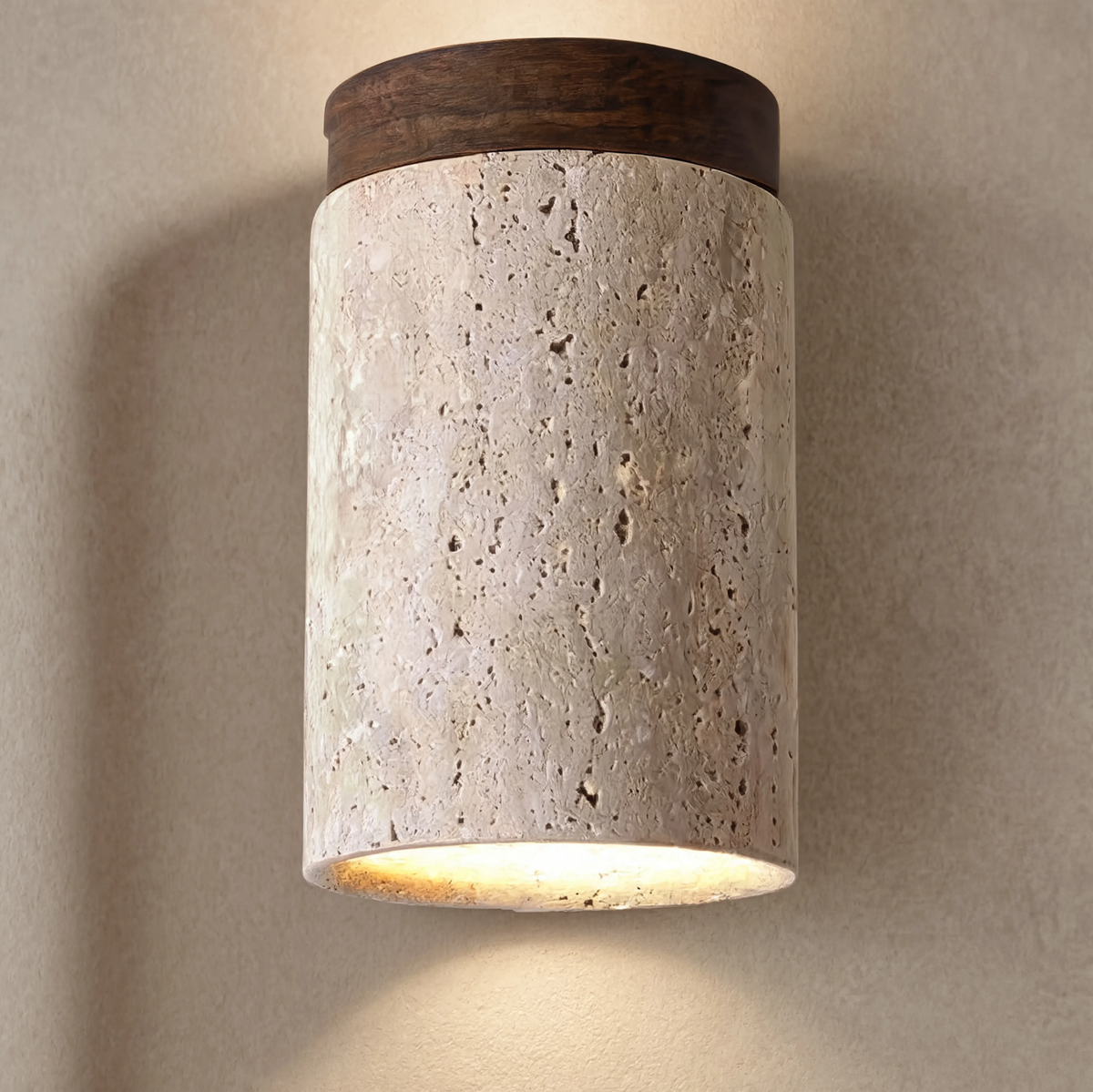 Travertine & Walnut Round Ceiling Light | E27 LED Included