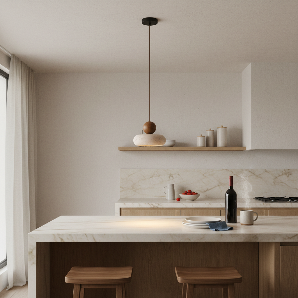 Travertine & Wood Pendant Light | Wabi-Sabi | E27 LED Included