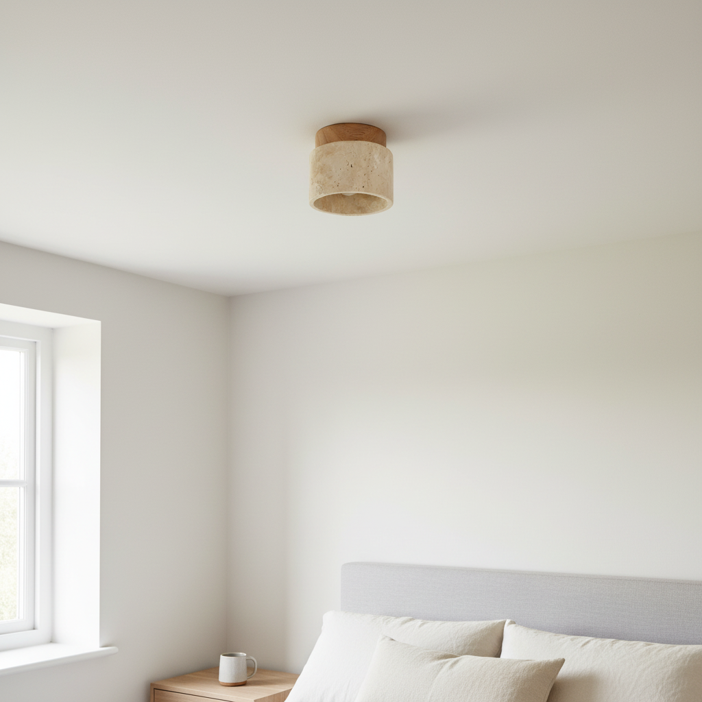 Travertine & Wood Round Ceiling Light 12cm | Compact