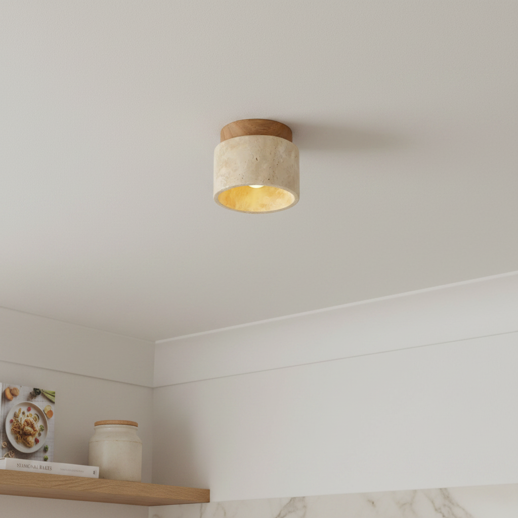 Travertine & Wood Round Ceiling Light 12cm | Compact