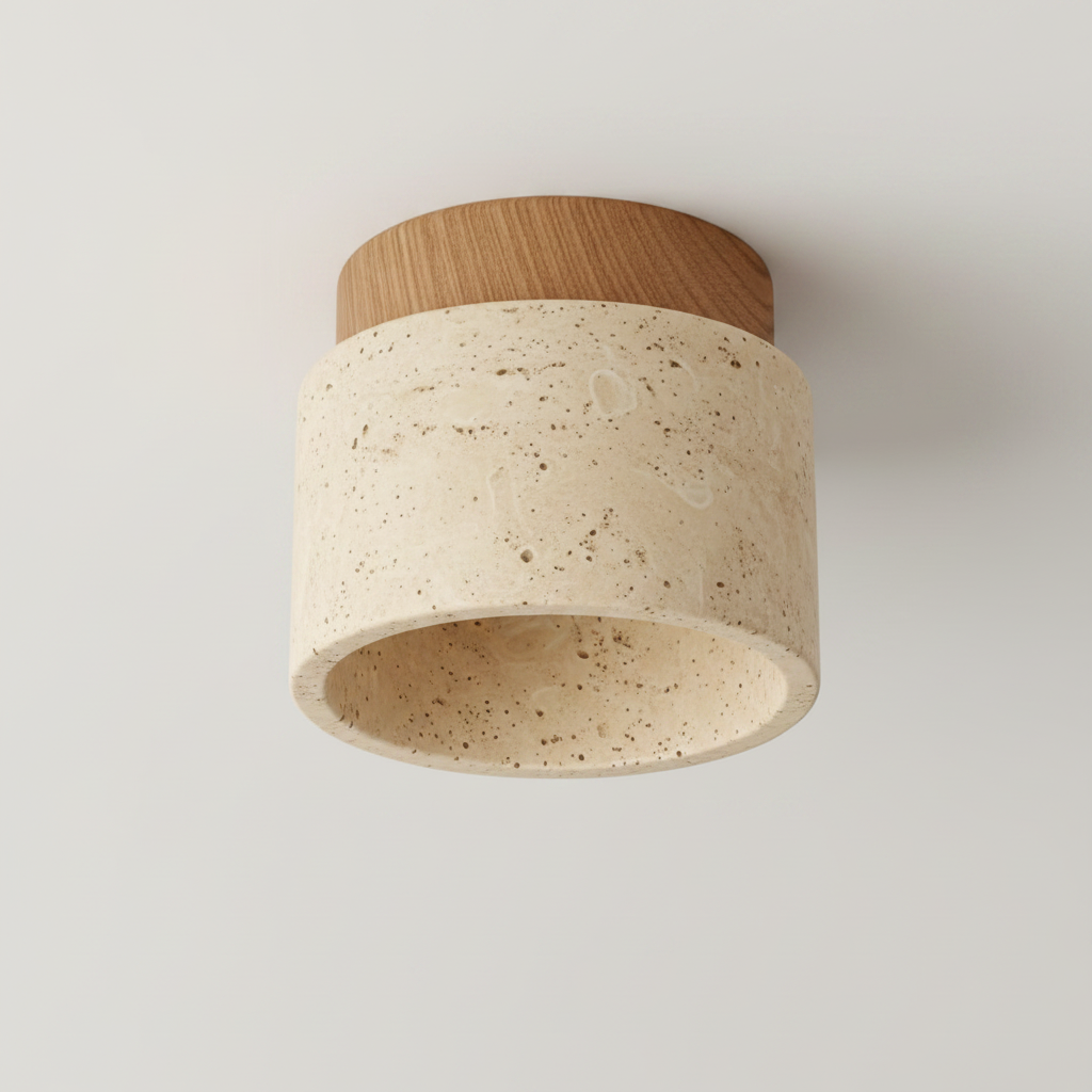Travertine & Wood Round Ceiling Light 12cm | Compact