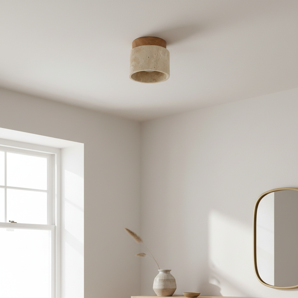 Travertine & Wood Round Ceiling Light 12cm | Compact