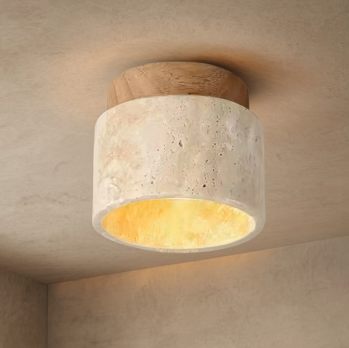 Travertine & Wood Round Ceiling Light 12cm | Compact
