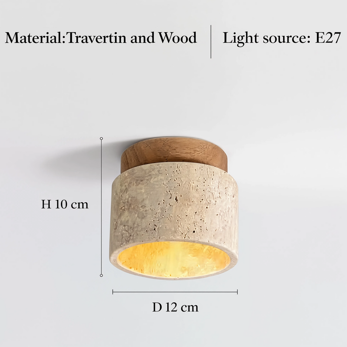 Travertine & Wood Round Ceiling Light 12cm | Compact