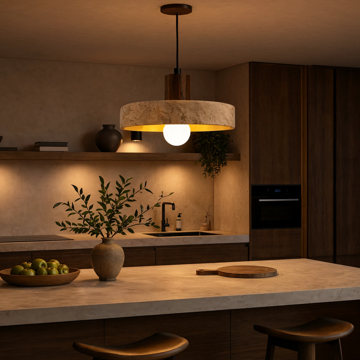 Travertine Ring & Wood Base Pendant Light | E27 Included