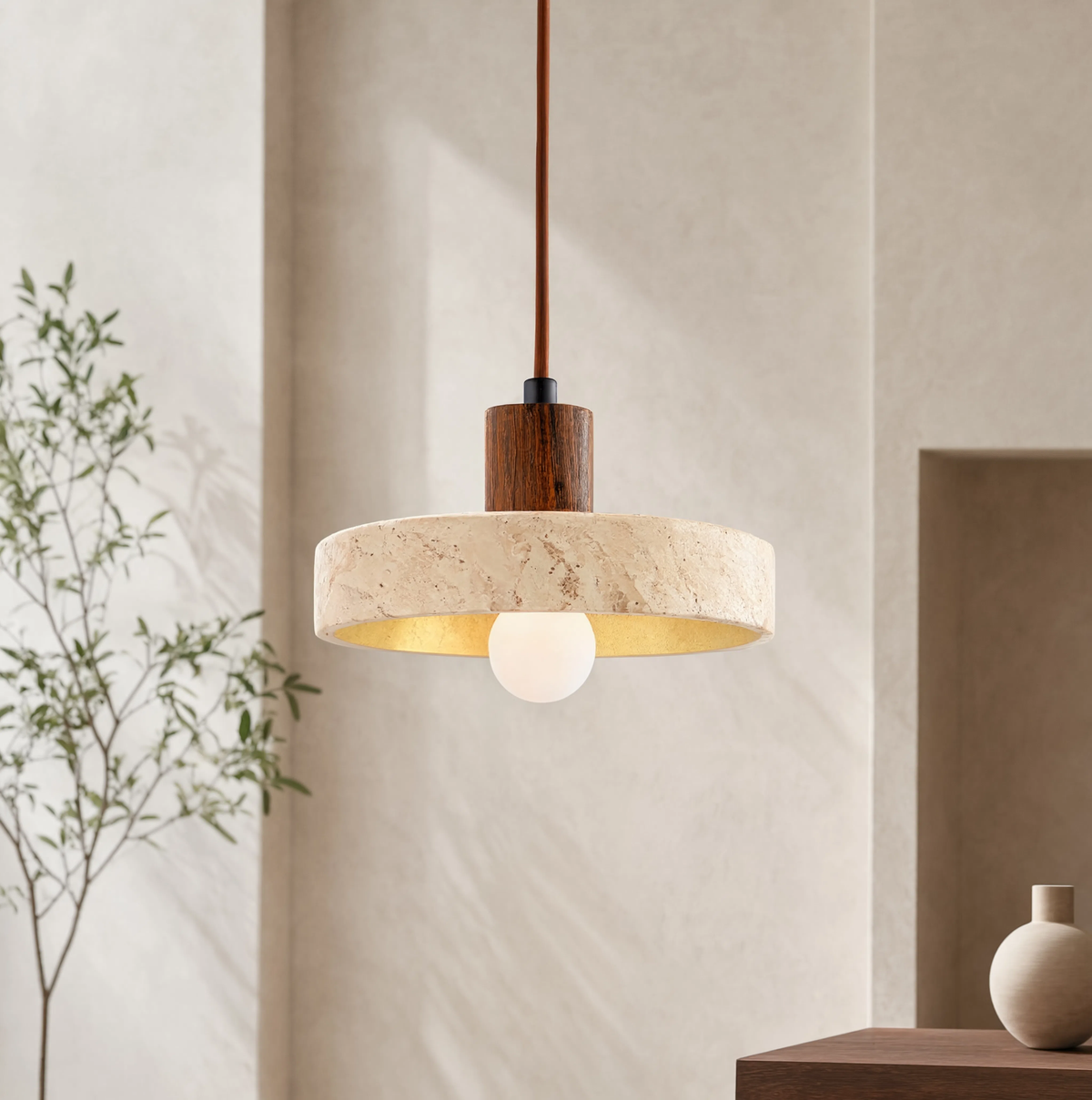 Travertine Ring & Wood Base Pendant Light | E27 Included