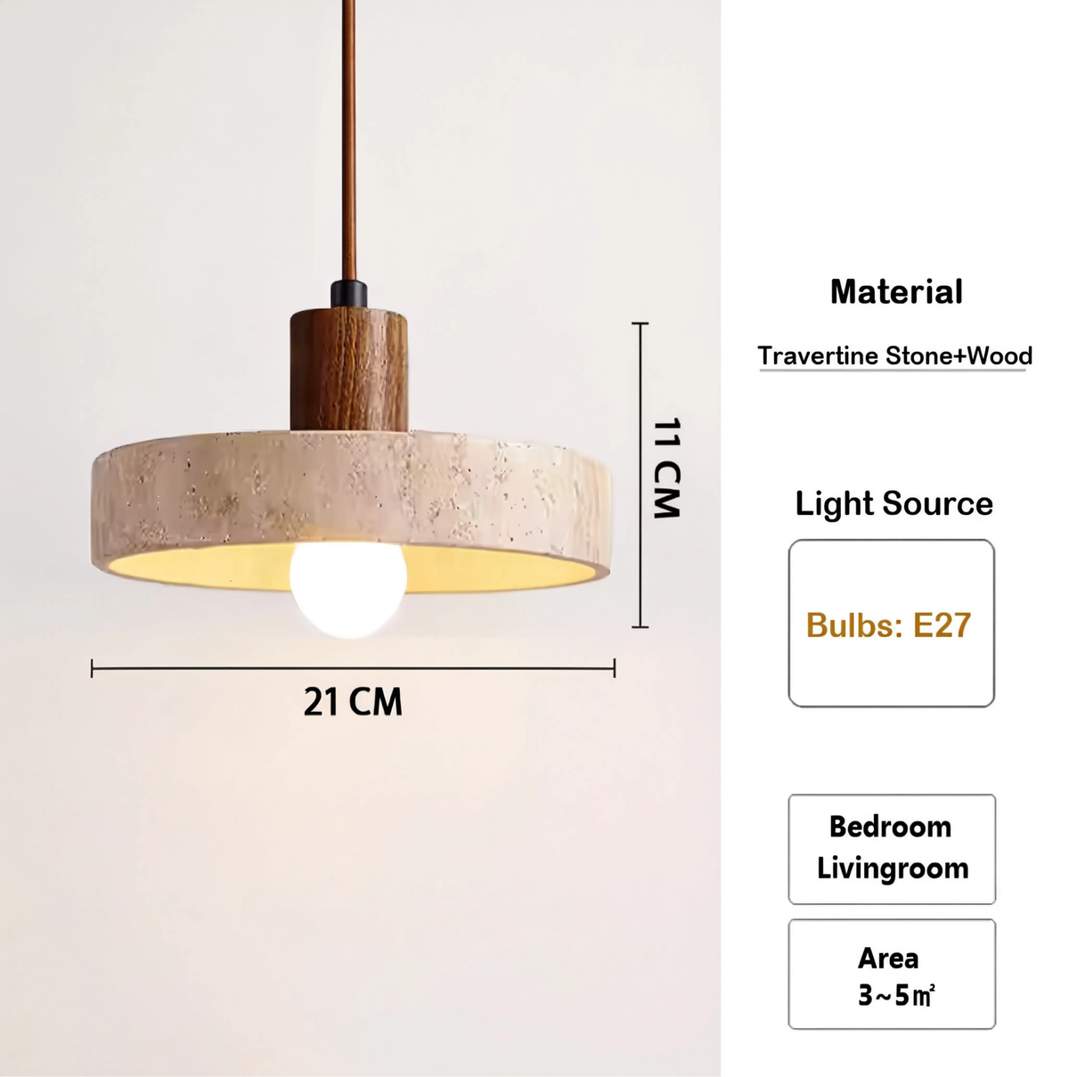 Travertine Ring & Wood Base Pendant Light | E27 Included