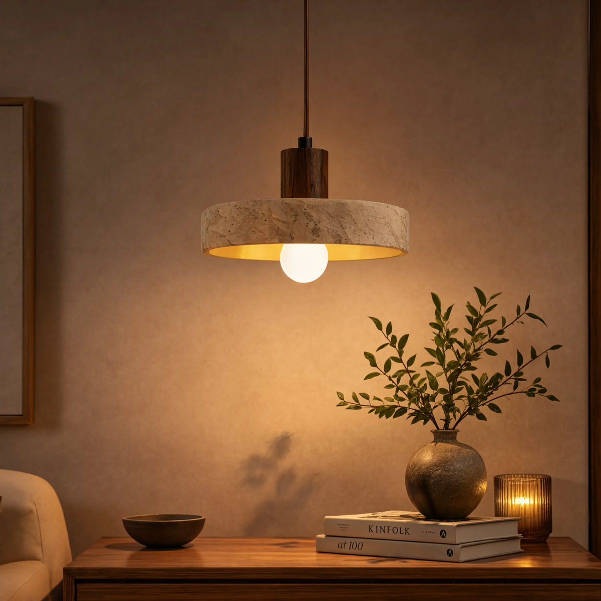Travertine Ring & Wood Base Pendant Light | E27 Included