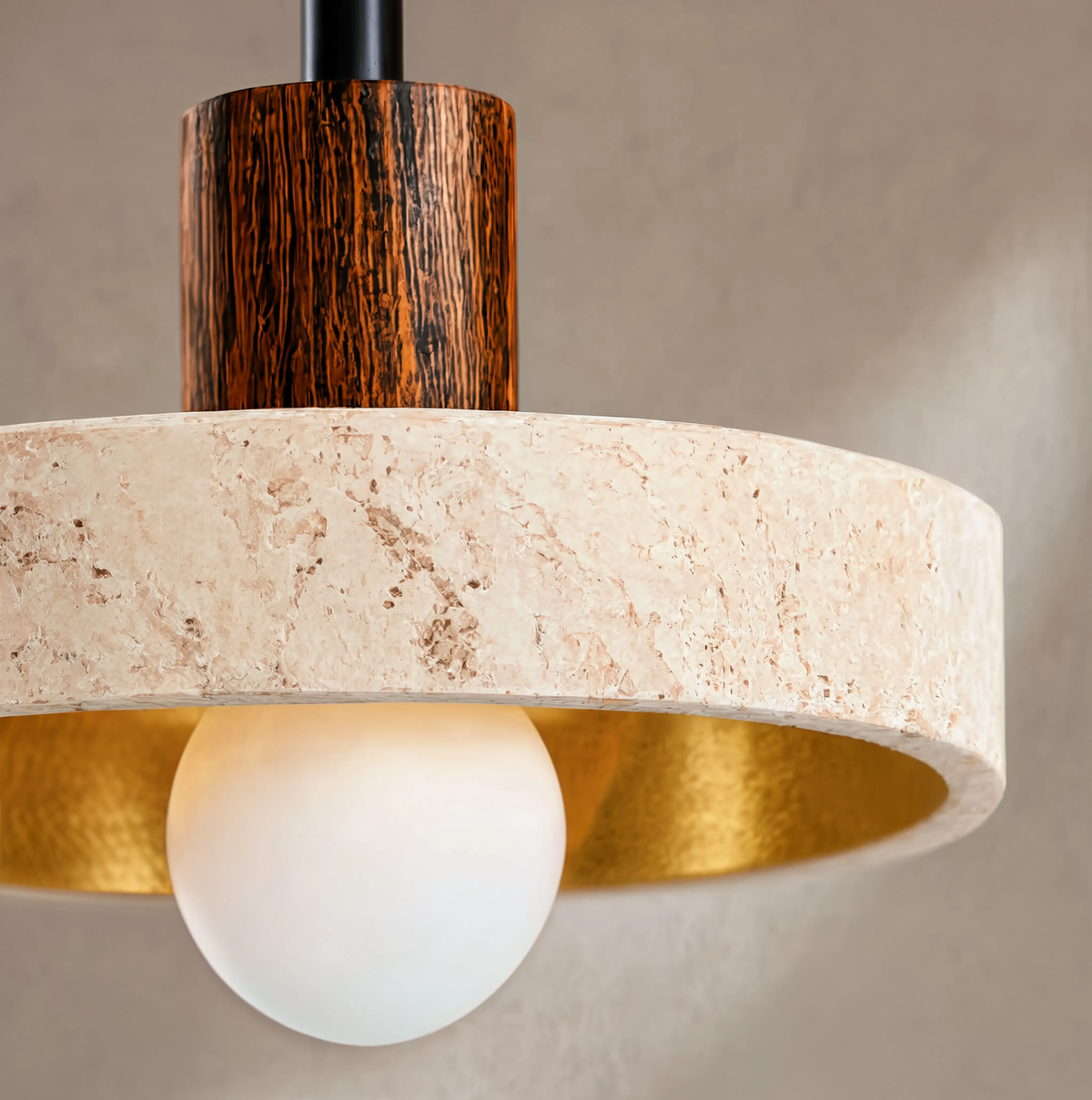 Travertine Ring & Wood Base Pendant Light | E27 Included