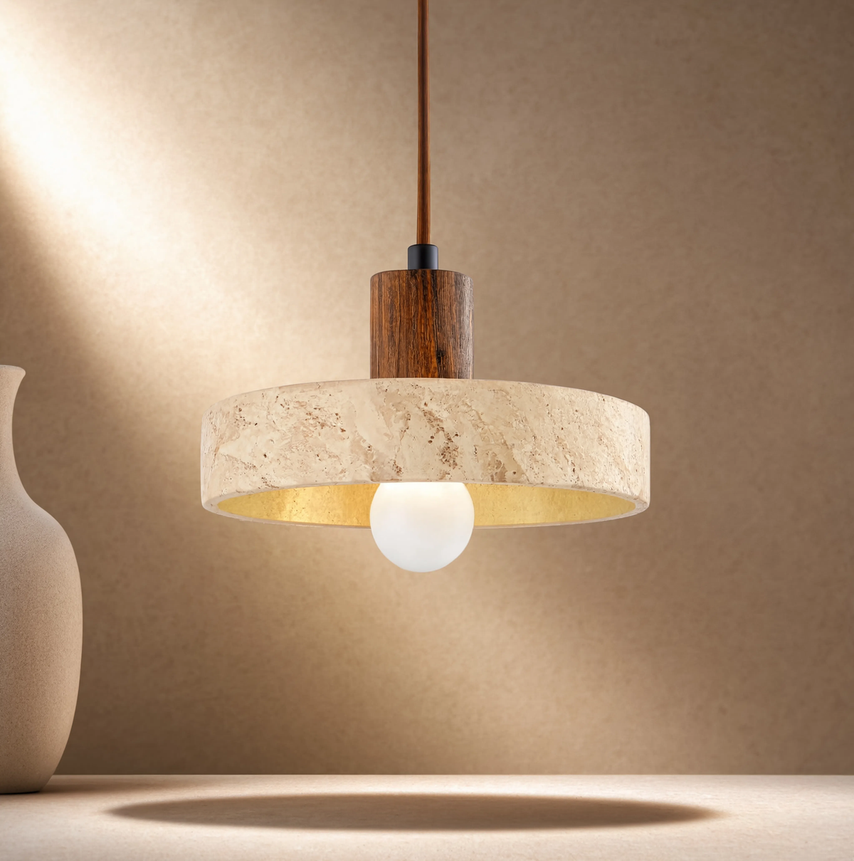 Travertine Ring & Wood Base Pendant Light | E27 Included