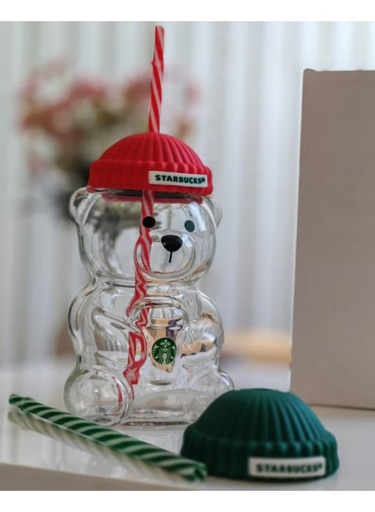 STARBUCKS RED Bearista Glass Cold Cup Beanie Bear 20oz