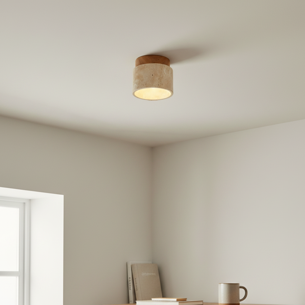 Travertine & Wood Round Ceiling Light 12cm | Compact