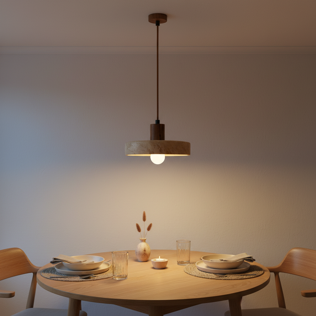 Travertine Ring & Wood Base Pendant Light | E27 Included