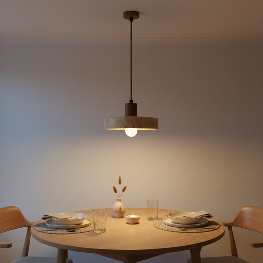 Travertine Ring & Wood Base Pendant Light | E27 Included