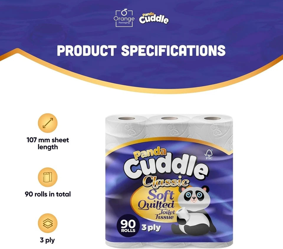 120 Panda Cuddle Toilet Roll Tissue 3 Ply Soft Quilted Ultra Strong Luxury